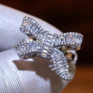 NEW 925 Silver Baguette Round Diamond Bow Ring
